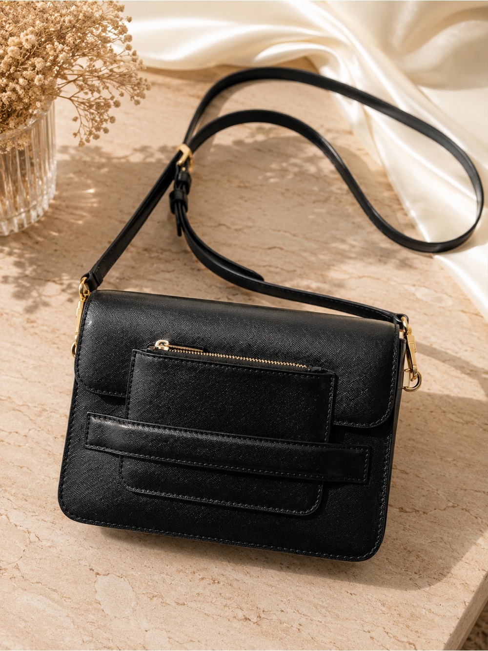 Marc Jacobs Madison Saffiano Leather Crossbody Bag Black Blue Accent